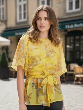 Walter Baker Tyrone Ruched Yellow Sheer Ruched Short Sleeve Blouse Size: L